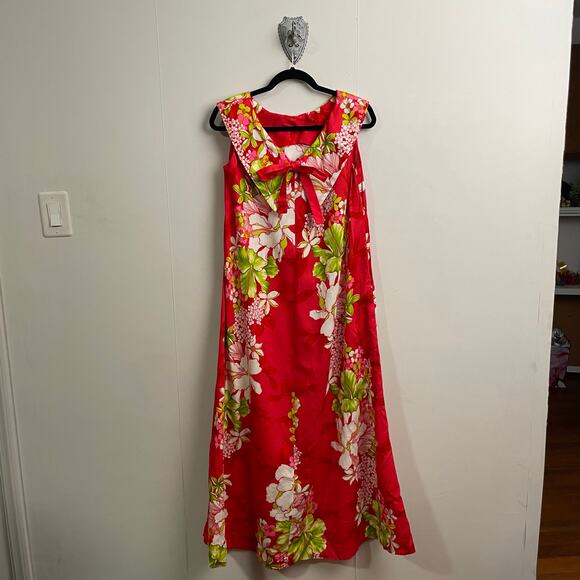 1960s Vintage Hawaiian M red white green tropical maxi dress REEF hibiscus - Picture 5 of 7